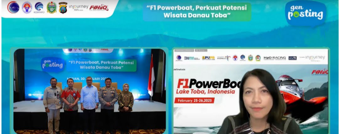 DIABADIKAN. Para narasumber diabadikan usai Genposting: F1 Powerboat, Perkuat Potensi Wisata Danau Toba. (kiri ke kanan) Ilyas Sitorus, Kosmas Harefa, Usman Kansong, AKBP H. Herwansyah, dan Septriana Tangkary serta  Retna Murti Asmoro yang bergabung melalui Zoom Meeting.