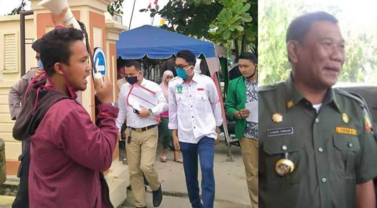 Kiri, aksi demo yang dilakukan mahasiswa. Kanan, Ashari Tambunan yang saat itu menjabat sebagai Bupati.