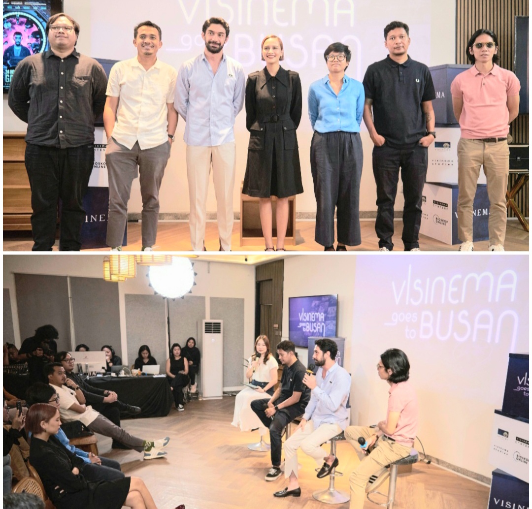 Kiri-kanan] Cristian Imanuell, Produser 24 Jam Bersama Gaspar dan Sutradara,Yosep Anggi Noen, Reza Rahadian,  Ketua Komite FFI;  Lutesha, Aktor Ali Topan; Tersi Eva Ranti,  Sidharta Tata dan Sutradara Ali Topan; Angga Sasongko, CEO & Founder Visinema ( atas) dan (bawah) saat memberikan keterangan pers