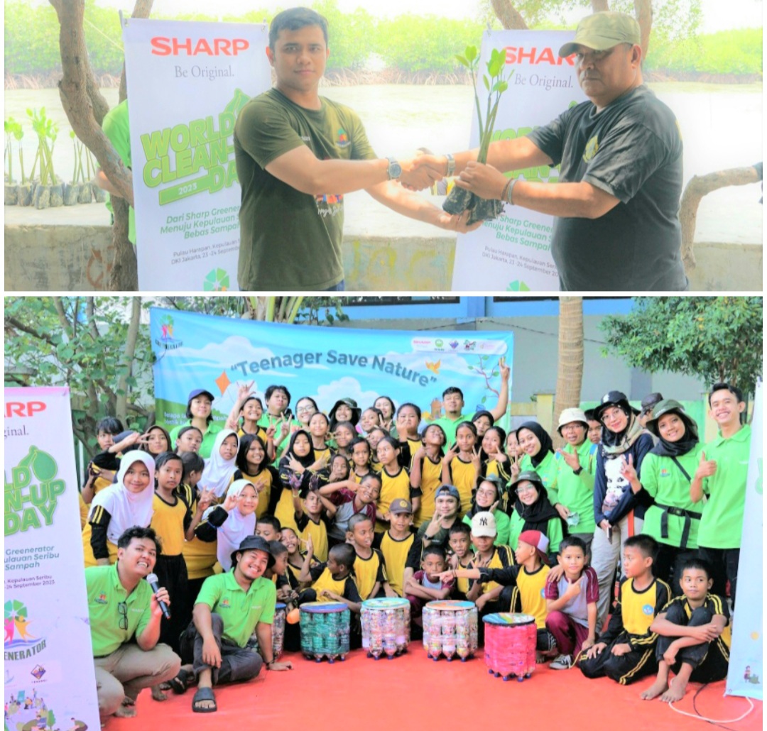 Imam Muda, PR & CSR , PT Sharp Electronics Indonesia menyerahkan  secara simbolis 111 bibit pohon Mangrove kepada Polhut Seksi Taman Nasional II, Pulau Harapan, Irzan Sukandiatas) dan Workshop Eco Brick bersama anak SD 01 Pulau Harpan, Kepulauan Seribu ( bawah)