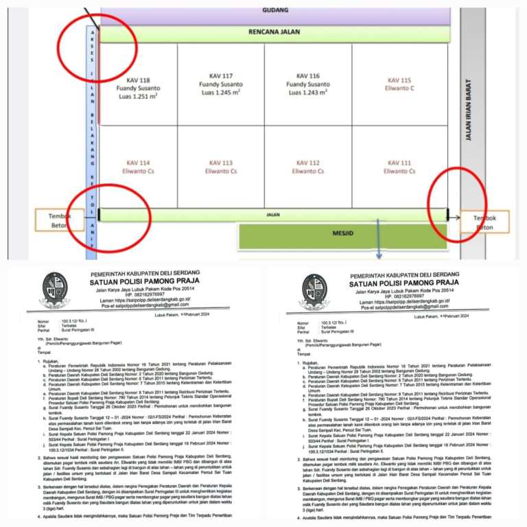 Surat Peringatan yang dikeluarkan Satpol PP Deli Serdang, terkait pembongkaran tembok penutup akses jalan umum di Desa Sampali.