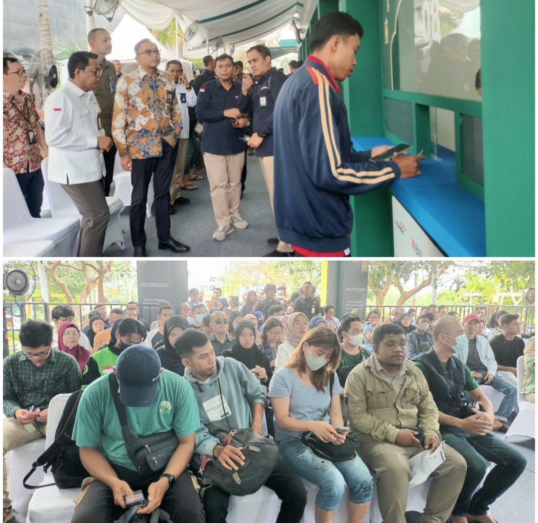 Kepala Perwakilan Bank Indonesia Sumut, IGP Wira Kusuma didampingi Deputi BI Sumut, Suharman Tabrani saat meninjau pelaksanaan layanan penukaran uang di halaman Plaza Medan Fair ( atas) dan warga antri menunggu panggilan( foto: swisma)