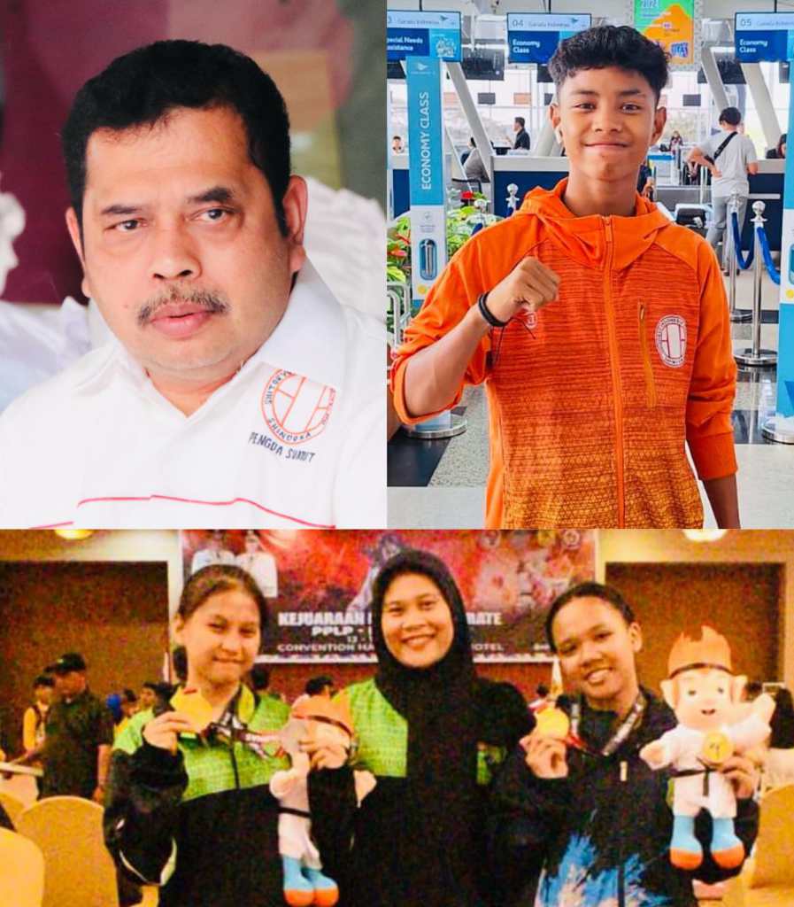 Ketua Umum Pengda Shindoka Sumut, Zulkarnain dan atlit-atlit Shindoka Sumut, Muhammad Dhijey Lexsie (kanan), Naswa Aulia Rahmadani dan Safriza Utami Putri (bawah) bersama pelatih pendamping.