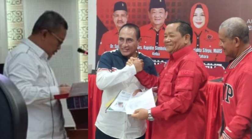 Kiri, Delpin Barus saat membacakan pendapat F-PDIP DPRD Sumut. Kanan, Edy Rahmayadi mendaftar sebagai Bacalon Gubsu ke DPD PDIP Sumut.