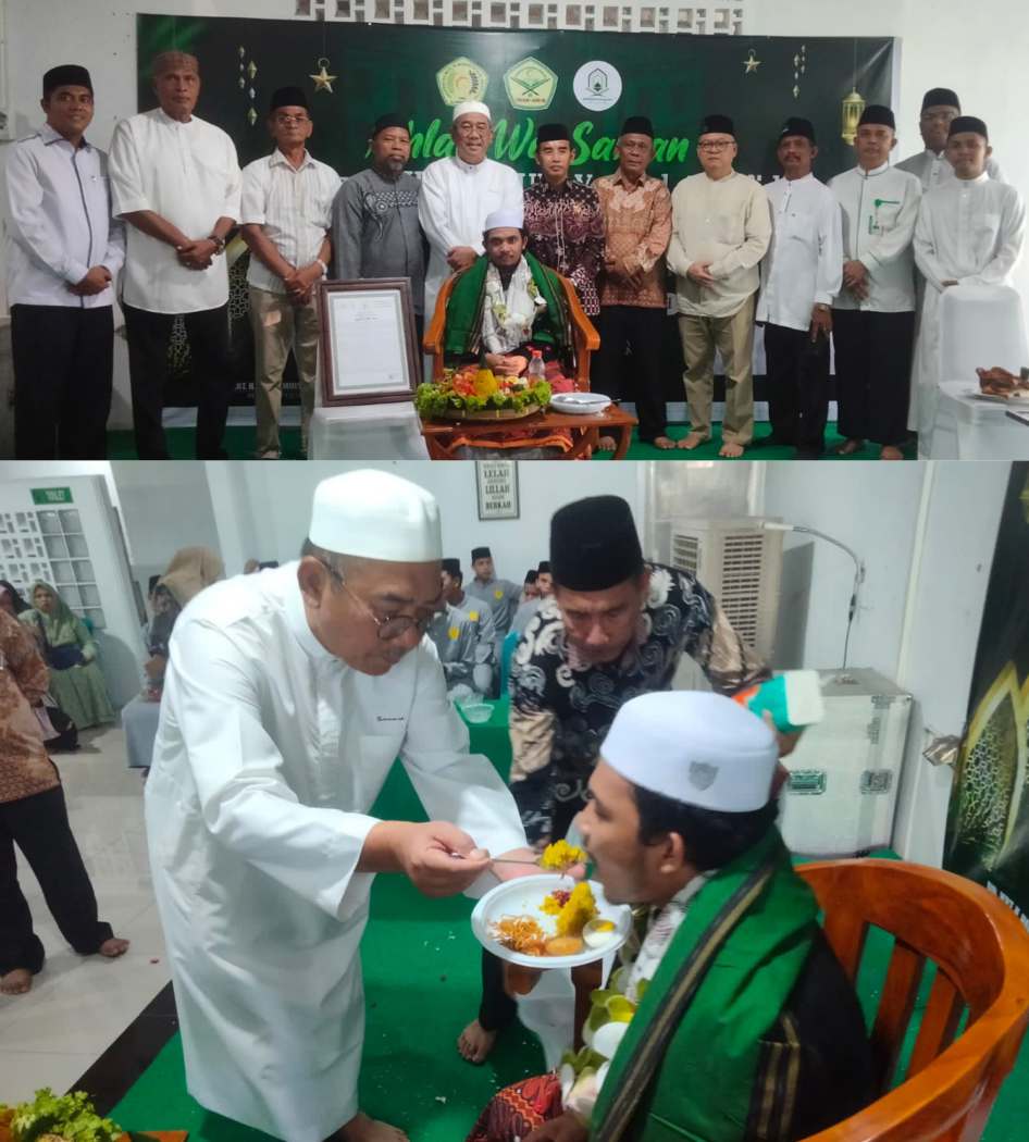 Ustadz Arifin Daulay SPd Alhafidz diabadikan bersama Pembina PTQ Shah-Amin Dr KRT H Hardi Mulyono K Surbakti, Rektor UMN Al Washliyah, Pewakif, Plt Direktur PTQ Shah-Amin dan ustadz staf pengajar Pondok Tahfidz Qur'an Shah-Amin. Bawah, Pembina PTQ Shah-Amin Dr KRT H Hardi Mulyono K Surbakti menyulangi upah-upah kepada Ustadz Arifin Daulay.
