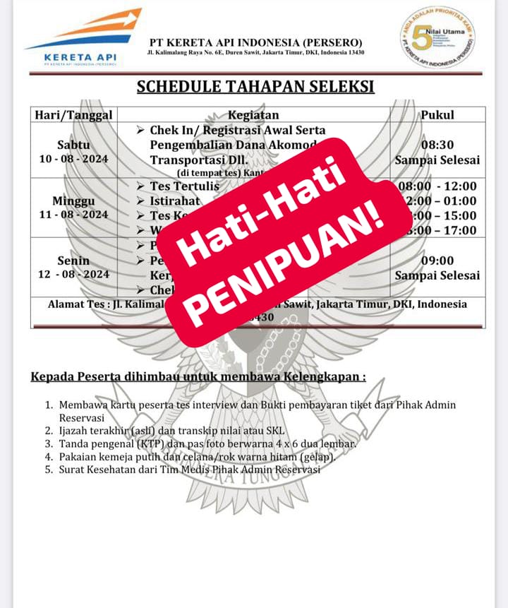 "Masyarakat diharapkan lebih teliti dan kritis jika mendapatkan pesan berupa pengumuman rekrutmen ataupun undangan melakukan seleksi dengan persyaratan tambahan pembayaran untuk penyediaan akomodasi dan transportasi," ujar Anwar.