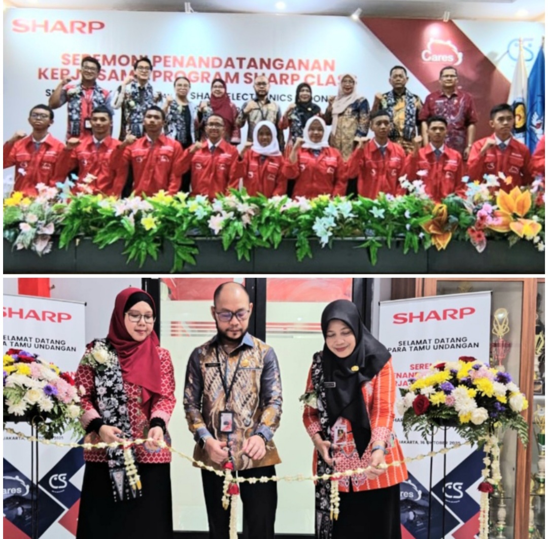 Perwakilan Sharp bersama perwakilan dinas perwakilan sekolah SMKN 39 Jakarta beserta siswa Sharp Class di berfoto bersama ( atas) Peresemian program Sharp Class dilakukan dengan prosesi gunting pita. ( bawah)