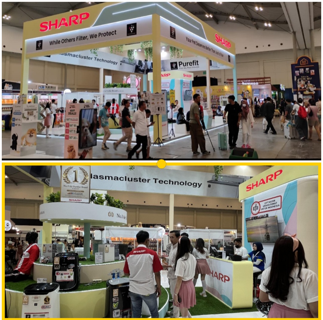 Suasana booth Sharp di International Pet Expo 2025 ( atas) dan salah seorang pengunjung tertarik dengan produk air purifier Sharp ( bawah)/ist