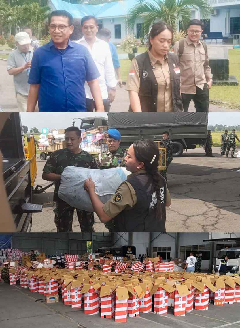 Anggota DPRD Medan Edwin Sugesti Nasution bersama Utusan Khusus Presiden Bidang Pariwisata, Zita Anjani saat di Lanud Suwondo untuk menyerahkan bantuan terdampak banjir di Sibolga dan Tapanuli Tengah.