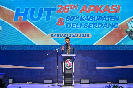Welcome Dinner APKASI (2) .jpg Gubernur sumut Bobby Nasution menghadiri peringatan Hari Ulang Tahun (HUT) ke-26 Asosiasi Pemerintah Kabupaten Seluruh Indonesia (APKASI) dan HUT ke-80 Kabupaten Deli Serdang yang digelar di GRHA Bhimneka Perkasa Jaya, Lubukpakam, Deliserdang, Sumatera Utara. Rabu (2/7/2026).