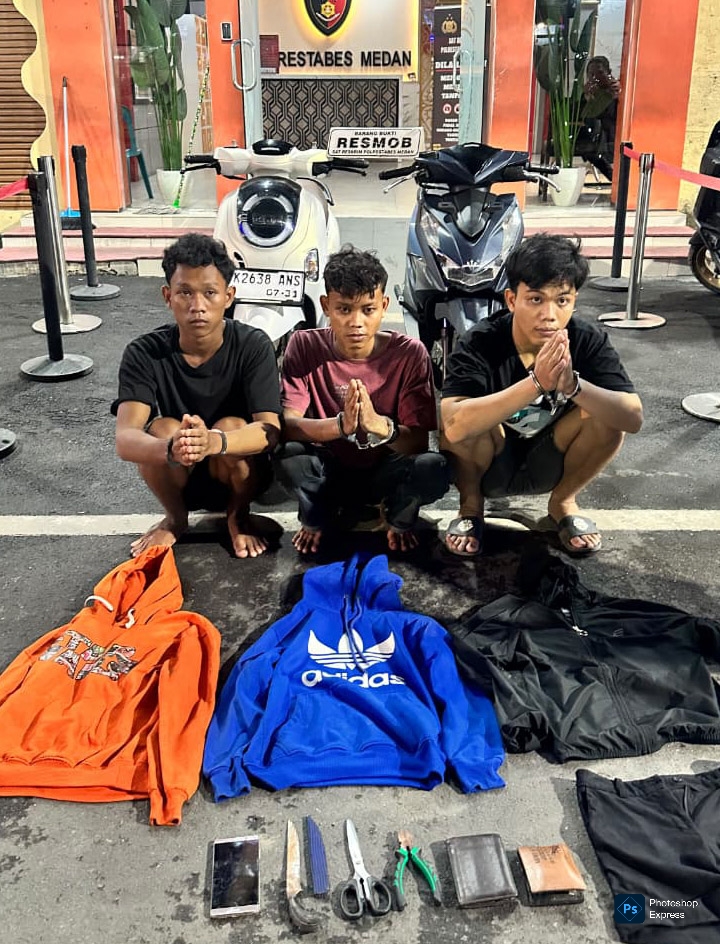 Tiga begal sadis ini ditahan di Mapolrestabes Medan dalam kasus curas. (Ist)